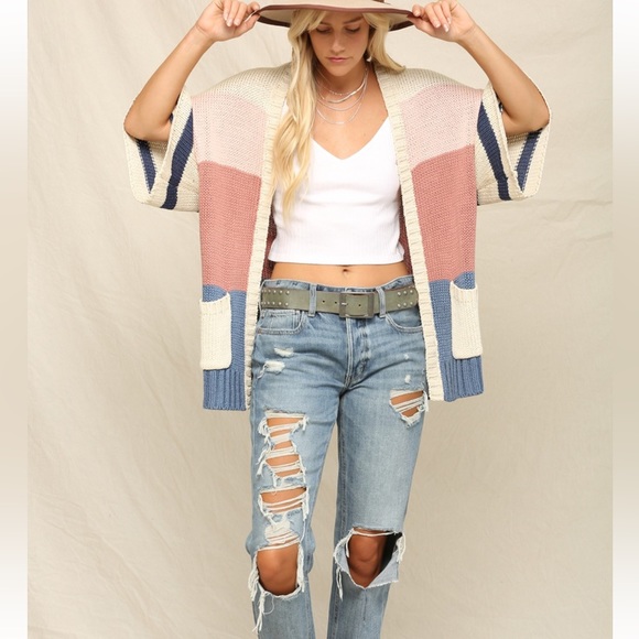 New in Boho Drapery Colorblock Wide Sleeve Open Front Cardigan - Picture 8 of 8